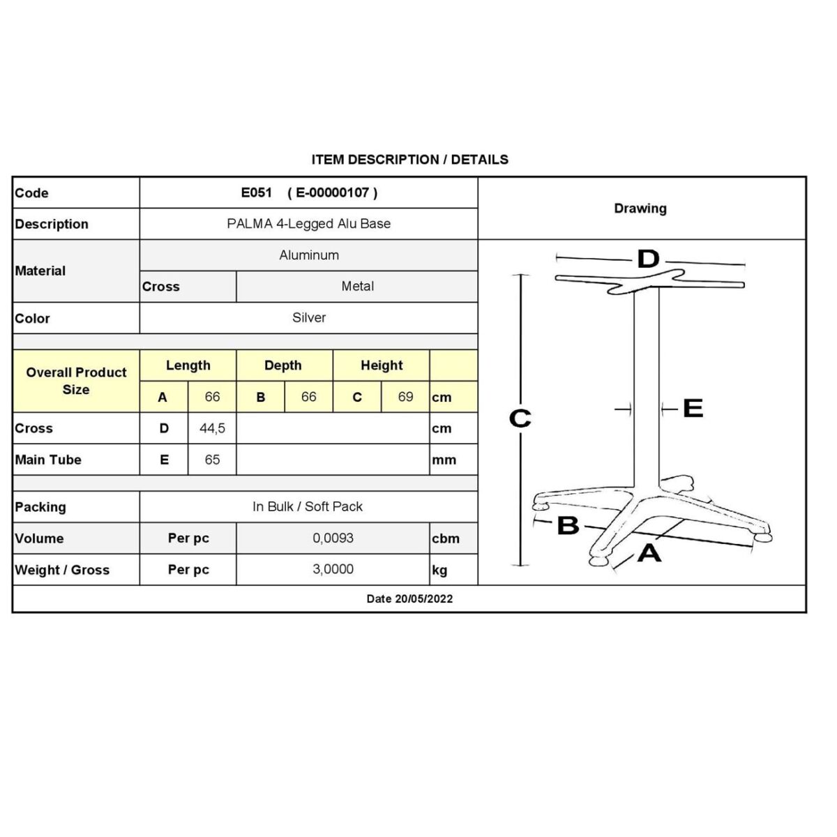 PALMA Βάση Τραπεζιού 4-Νυχη, Αλουμίνιο Απόχρωση Shiny Silver (2,30kg) - Image 3