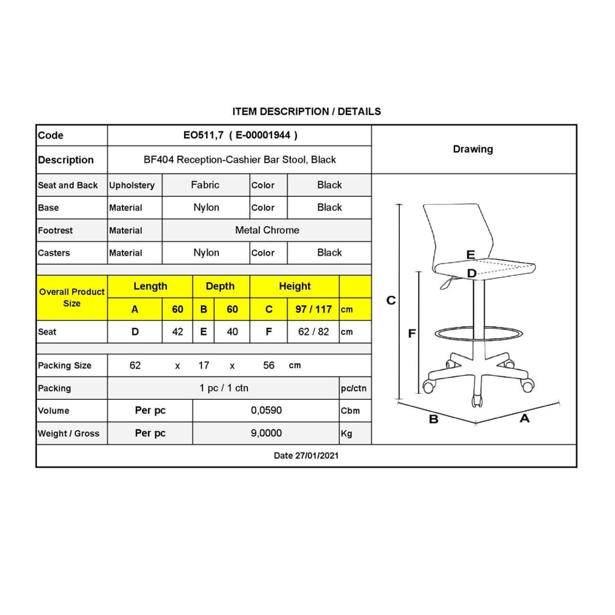 BF404 Σκαμπό Reception-Ταμείου με Πλάτη, Ύφασμα Μαύρο, Ρύθμιση Ύψους, Περιστρεφόμενο - Image 3