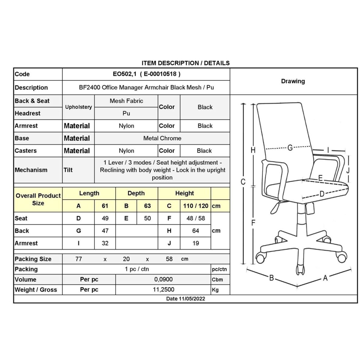 BF2400 Πολυθρόνα Γραφείου Διευθυντή, Βάση Χρώμιο, Pu Μαύρο, Mesh Μαύρο - Image 3