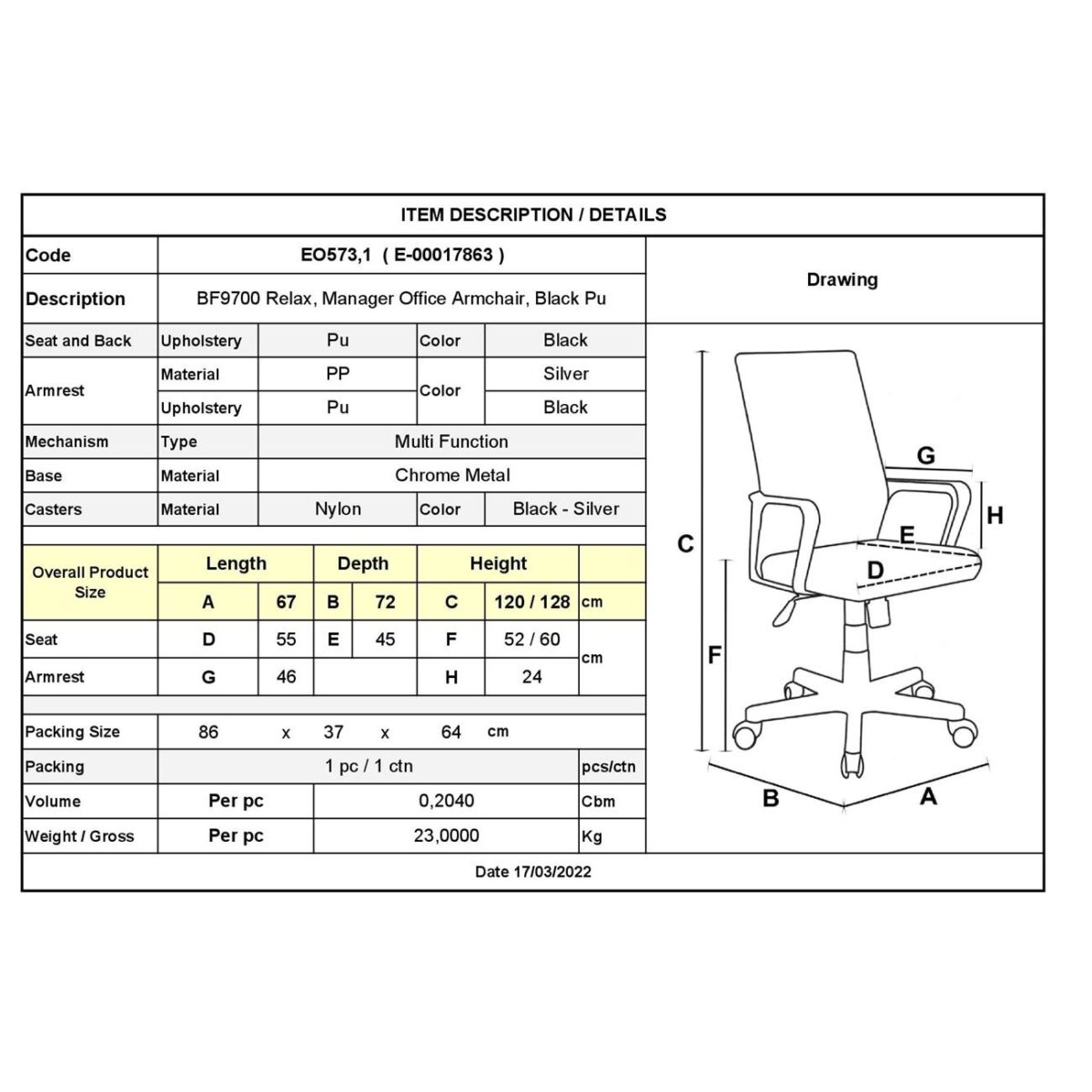 BF9700 Relax Πολυθρόνα Γραφείου Διευθυντή, με Υποπόδιο, Βάση Χρώμιο,PU Μαύρο - Image 3