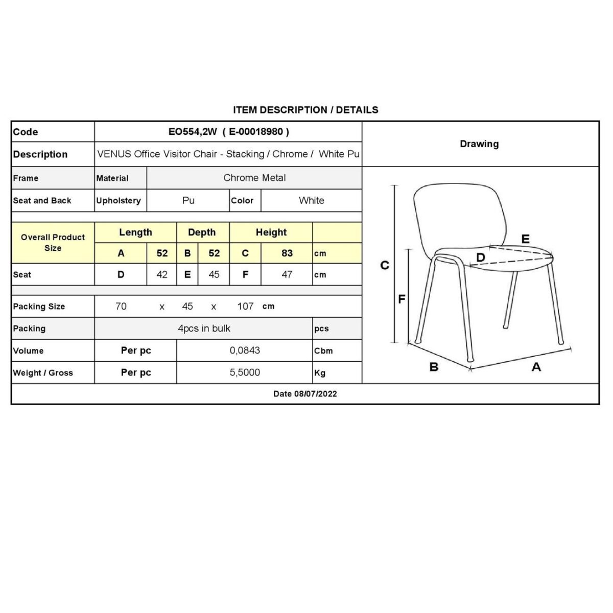 VENUS Καρέκλα Γραφείου Επισκέπτη, Στοιβαζόμενη Μέταλλο Χρώμιο, Pu Άσπρο - Image 3