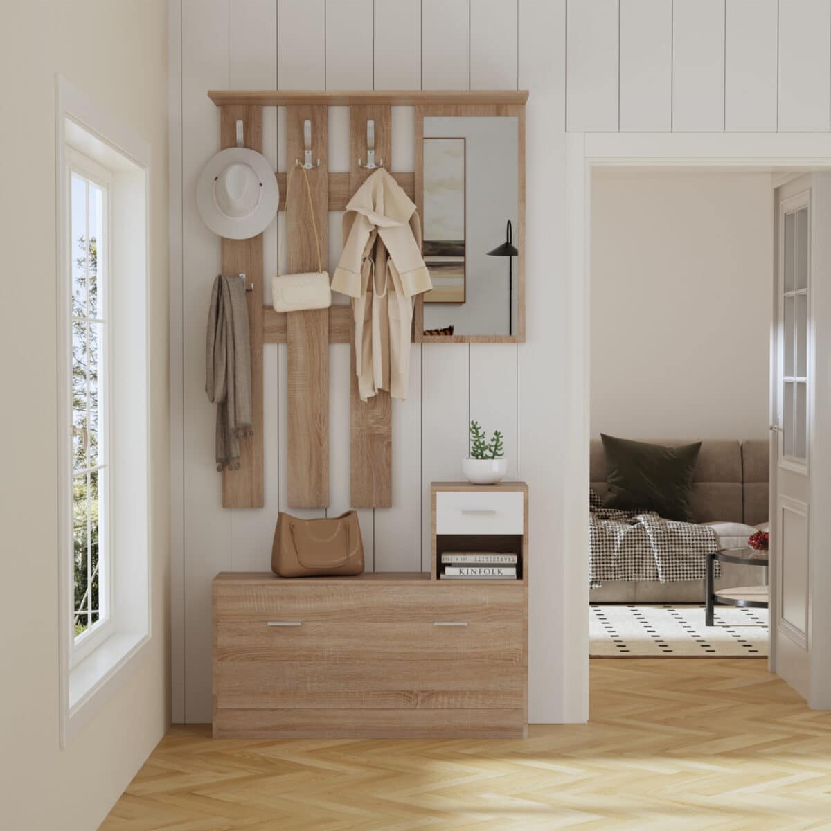 ΕΠΙΠΛΟ ΕΙΣΟΔΟΥ ΜΕ ΚΑΘΡΕΦΤΗ GORN HM2473.04 ΜΕΛΑΜΙΝΗ ΣΕ ΣΟΝΑΜΑ-ΛΕΥΚΟ 90x24x190Υεκ - Image 5