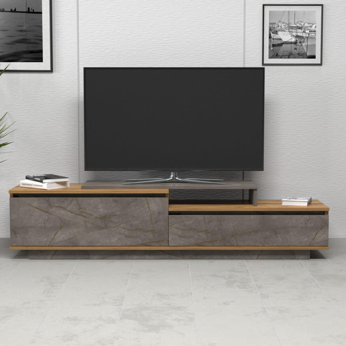 ΕΠΙΠΛΟ TV LEIS HM18186 ΜΕΛΑΜΙΝΗ ΣΕ ΦΥΣΙΚΟ ΞΥΛΟΥ & ΟΨΗ ΓΚΡΙ ΜΑΡΜΑΡΟ 180x35x42Υεκ. - Image 3