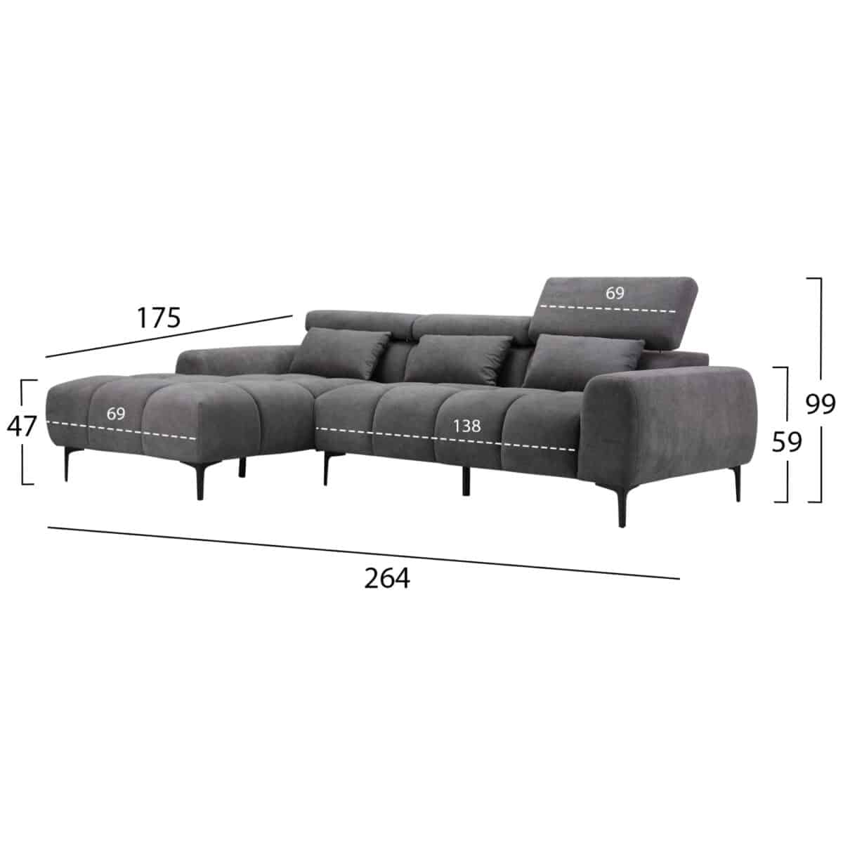 ΚΑΝΑΠΕΣ ΑΡΙΣΤΕΡΗ ΓΩΝΙΑ DIVYA HM3267.02L ΣΥΝΘ.SUEDE ΓΚΡΙ 264x175x99Υεκ. - Image 2