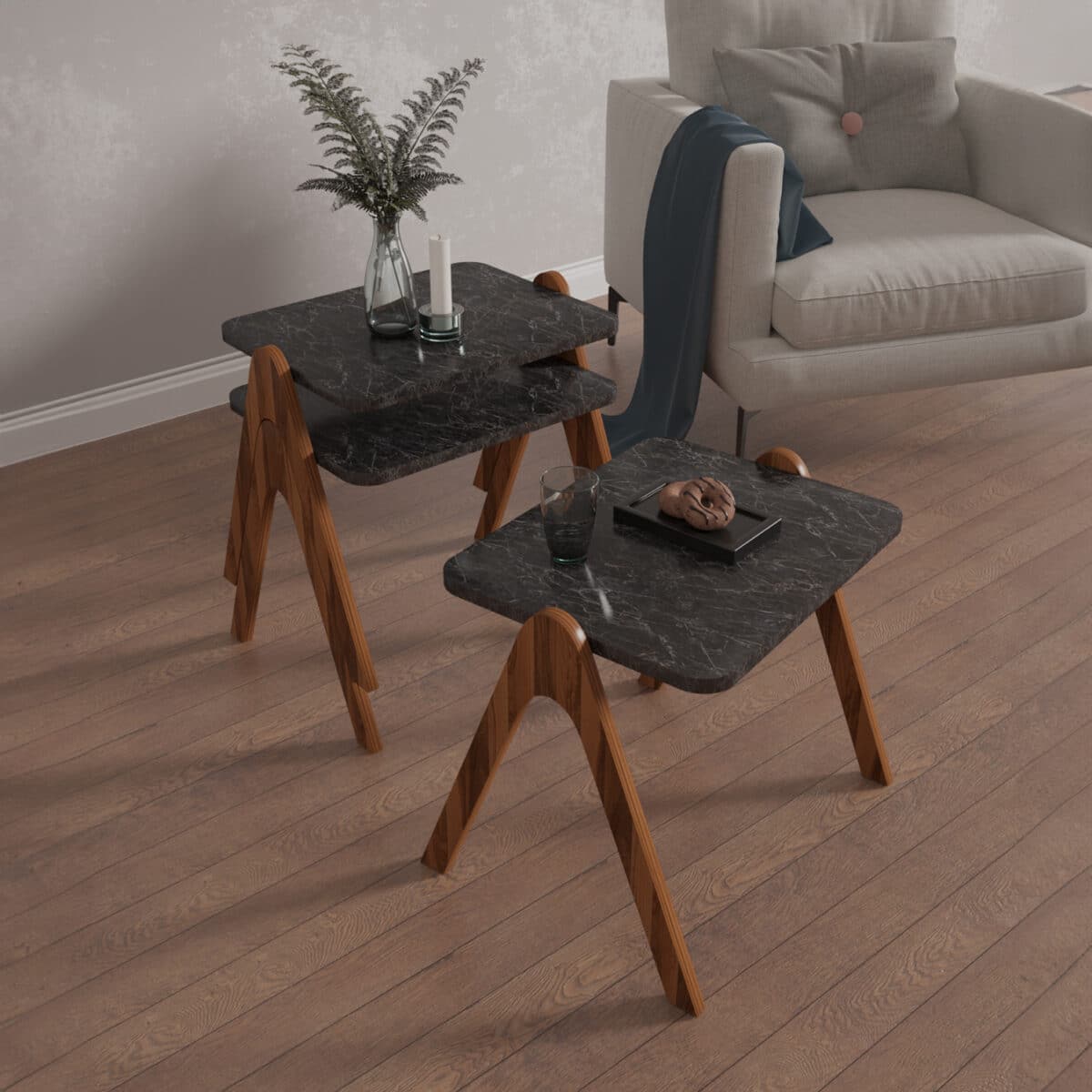 ΣΕΤ 3ΤΜΧ ΒΟΗΘΗΤΙΚΑ ΤΡΑΠΕΖΑΚΙΑ REACHER HM18176.02 ΜΕΛΑΜΙΝΗ ΣΕ ΚΑΡΥΔΙ-ΜΑΥΡΟ ΜΑΡΜΑΡΟ 40x30x40Υεκ. - Image 3