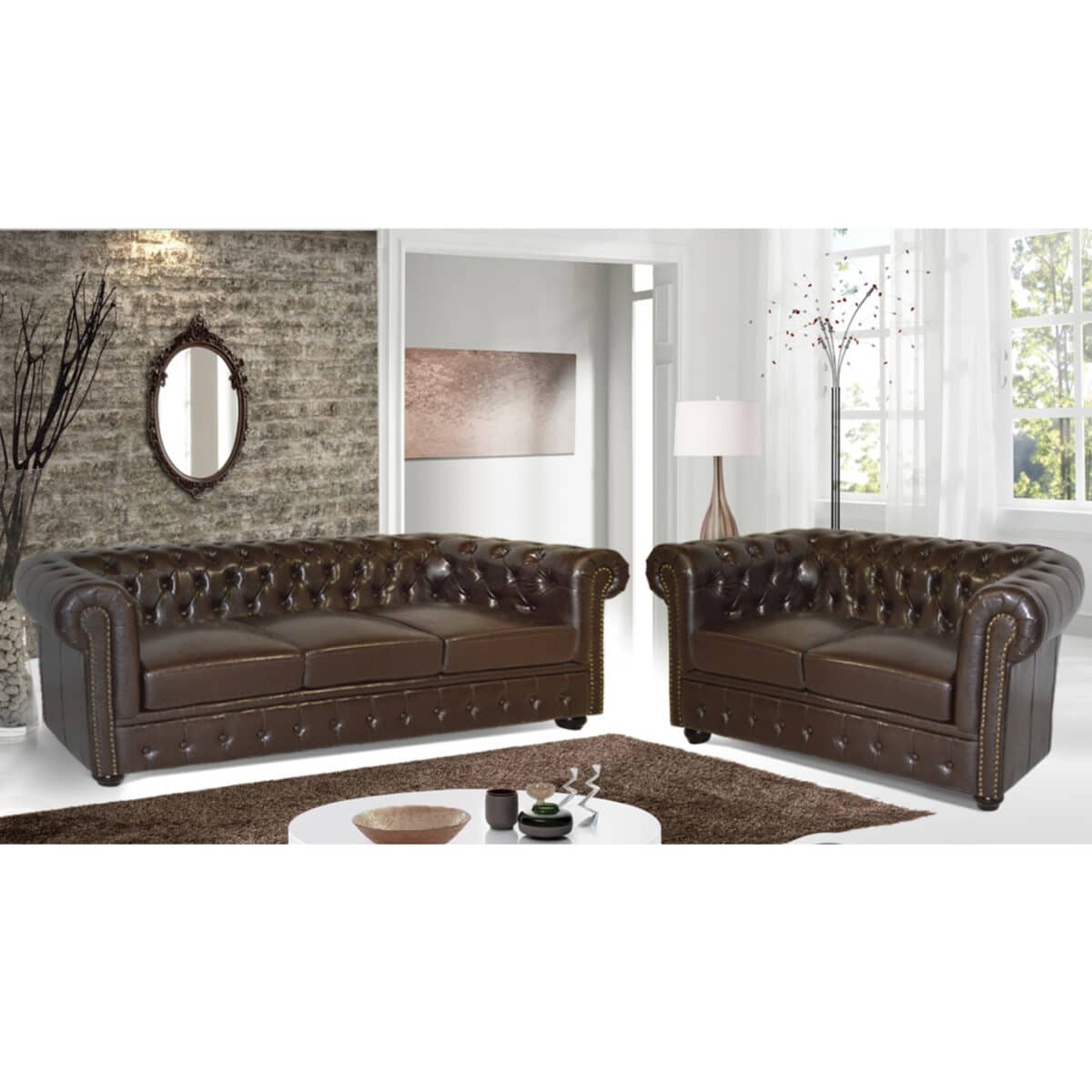 ΣΕΤ ΣΑΛΟΝΙ 2/ΘΕΣΙΟ & 3/ΘΕΣΙΟ CHESTERFIELD ΣΚΟΥΡΟ ΚΑΦΕ - Image 2