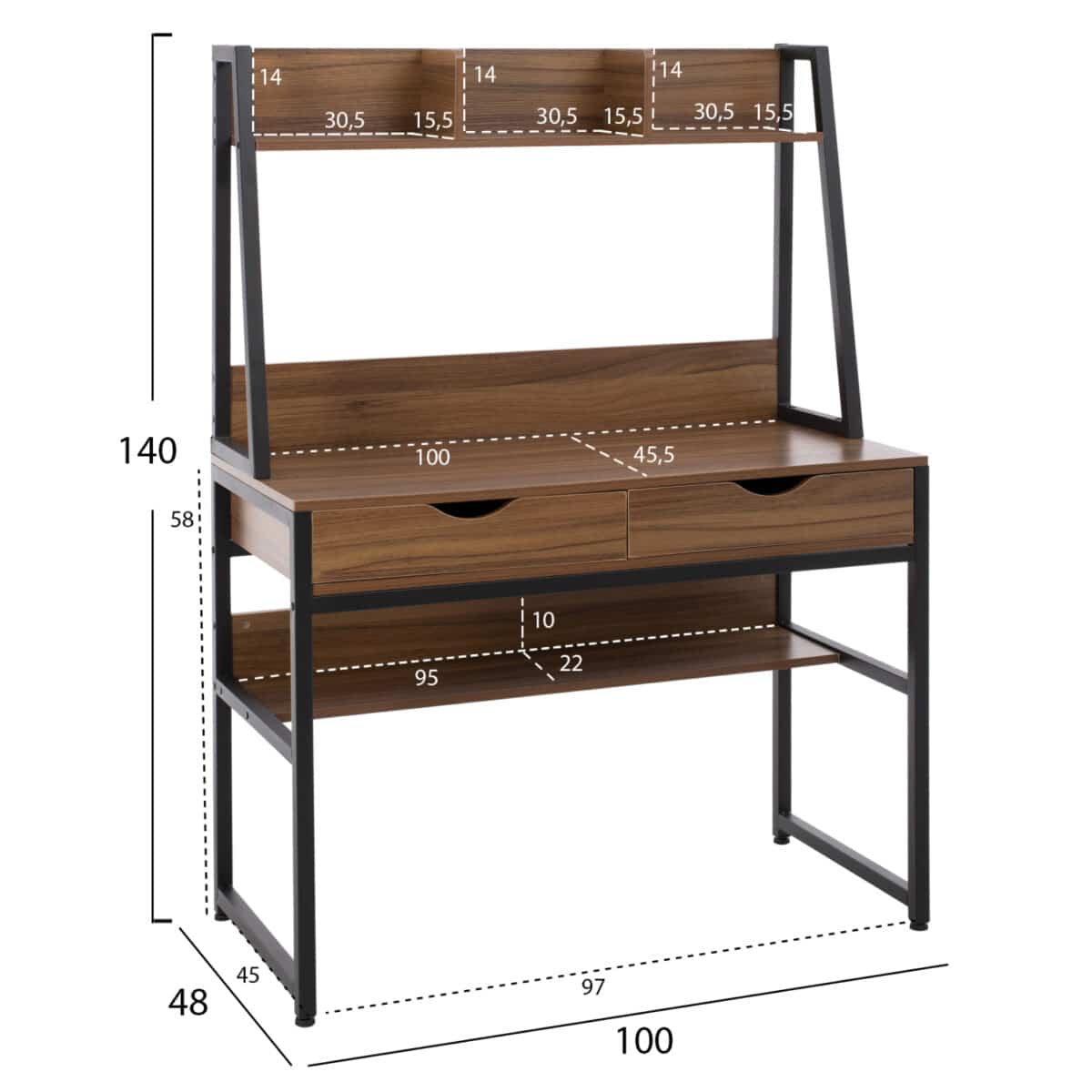 ΓΡΑΦΕΙΟ ΜΕ ΒΙΒΛΙΟΘΗΚΗ TANAYA HM2390.12 ΜΕΛΑΜΙΝΗ ΚΑΡΥΔΙ-ΜΑΥΡΟΣ ΜΕΤΑΛΛ.ΣΚΕΛΕΤΟΣ 100x48x139Y - Image 2