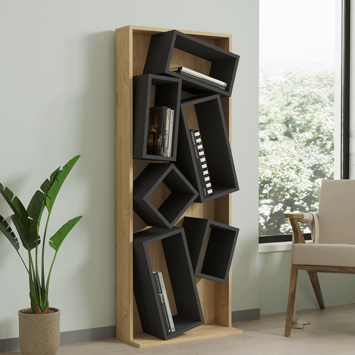 120-000395-1 Βιβλιοθήκη Jamey  φυσικό-ανθρακί 60x24x153,6εκ - Image 3