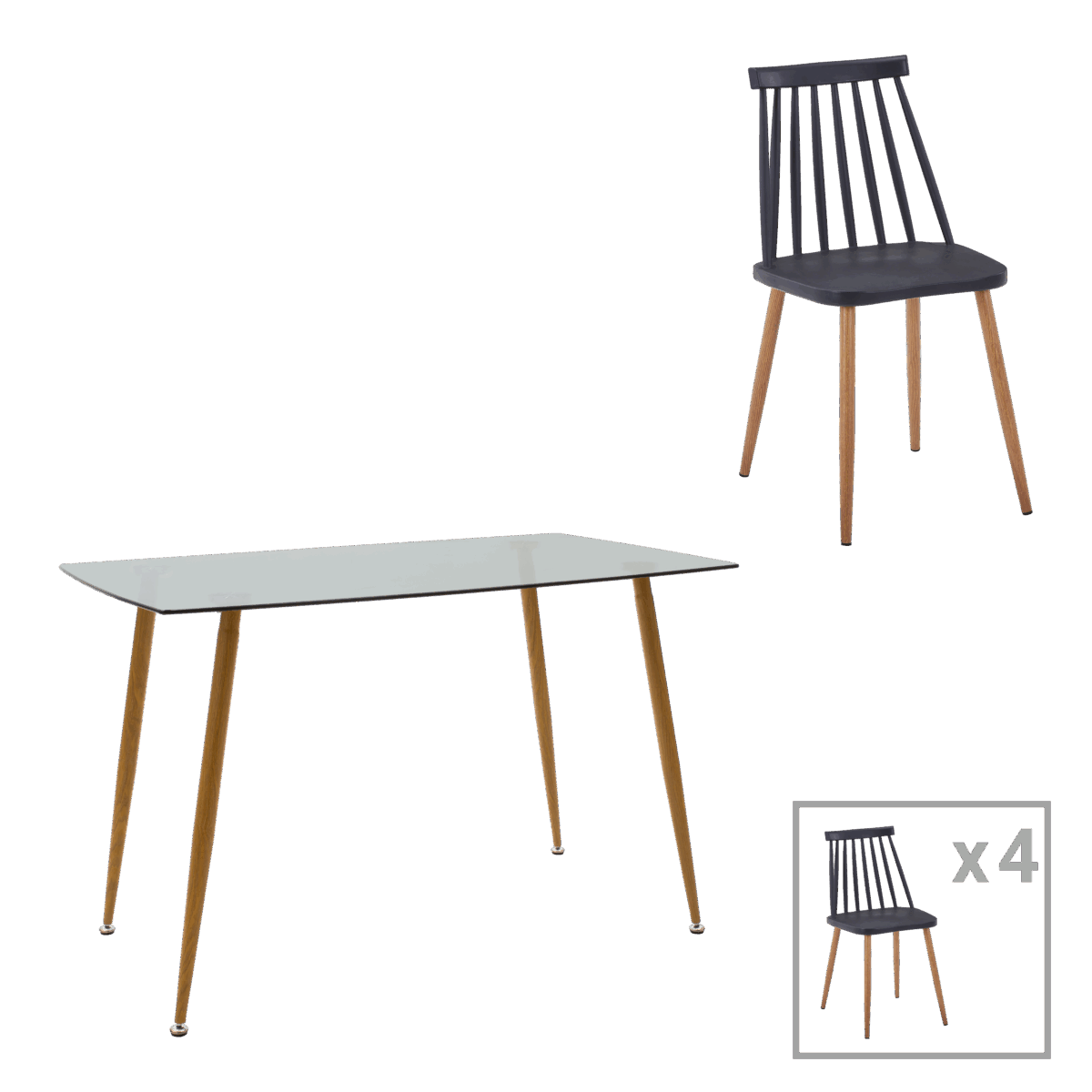 Τραπεζαρία Chloe-Aurora I  σετ 5τεμ γυάλινο 8χιλ ανθρακί - πόδι φυσικό-μαυρη απόχρωση 120x70x75εκ