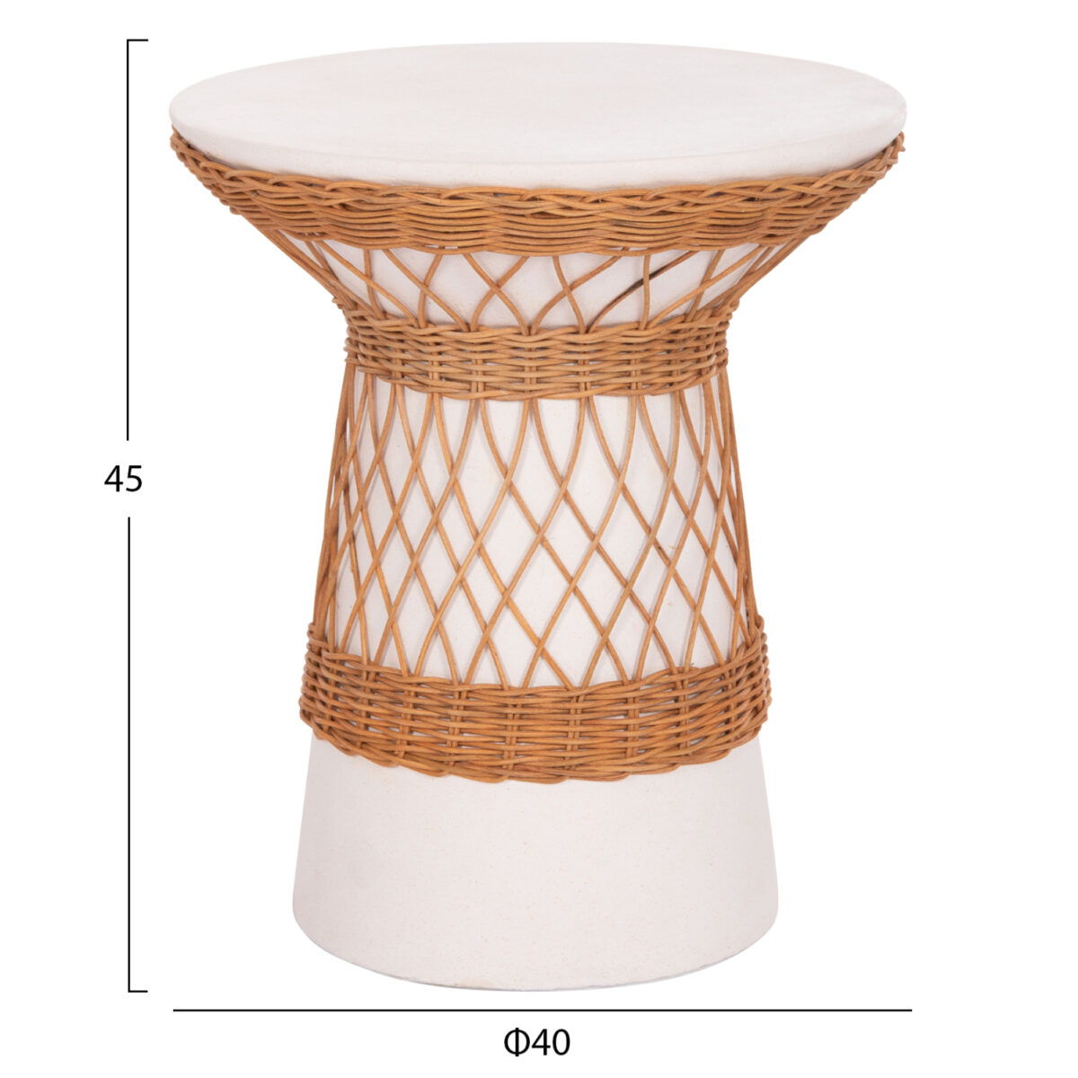 boithitiko-trapezi-stroggylo-fb91816702-1 ΒΟΗΘΗΤΙΚΟ ΤΡΑΠΕΖΙ ΣΤΡΟΓΓΥΛΟ DELIA HM18167.02 FIBER CEMENT ΛΕΥΚΟ & RATTAN Φ40x45Υεκ - Image 2