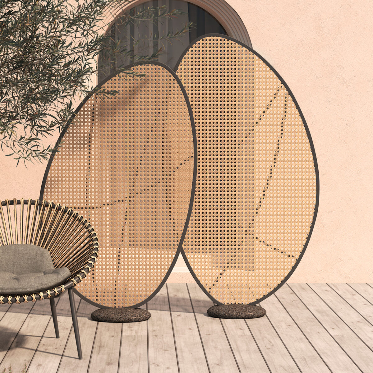 ΠΑΡΑΒΑΝ ΑΛΟΥΜΙΝΙΟΥ KOMORABI (L) SM6180 ΑΝΘΡΑΚΙ ΣΚΕΛΕΤΟΣ-WICKER ΜΠΕΖ 110x33x199Υεκ. - Image 2