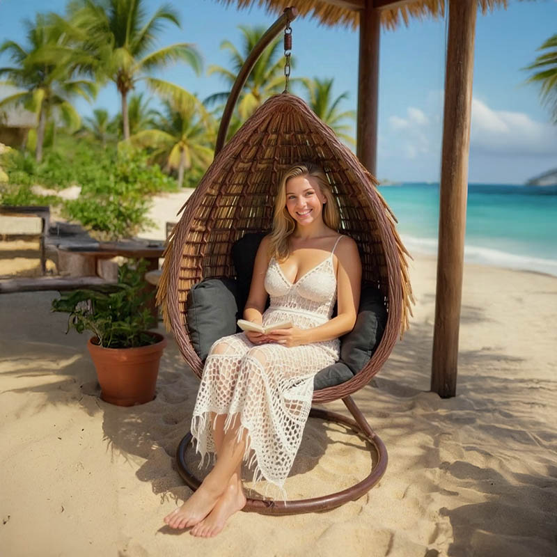 368-000005-1 Κούνια φωλιά με βάση Varur  μέταλλο καφέ - pe rattan σε καφέ- μαύρη απόχρωση 120x105x195εκ - Image 2