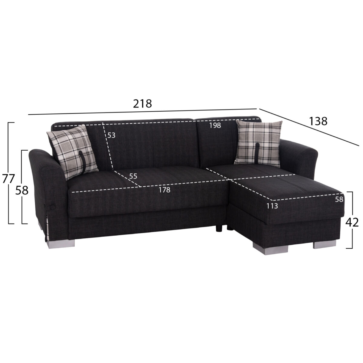 ΓΩΝΙΑΚΟΣ ΚΑΝΑΠΕΣ-ΚΡΕΒΑΤΙ ΜΕ ΑΠΟΘ. ΧΩΡΟ BRONKO HM3291.01 ΑΝΘΡΑΚΙ ΥΦΑΣΜΑ 218x138x77Y - Image 2