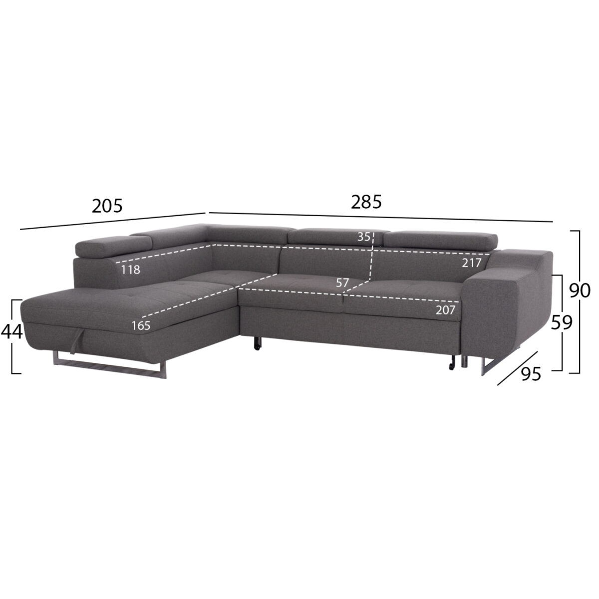 ΓΩΝΙΑΚΟΣ ΚΑΝΑΠΕΣ-ΚΡΕΒΑΤΙ ΜΕ ΑΠΟΘ.ΧΩΡΟ ENCORE HM3301.01L ΓΚΡΙ ΥΦΑΣΜΑ 285x205x90Υεκ. - Image 2