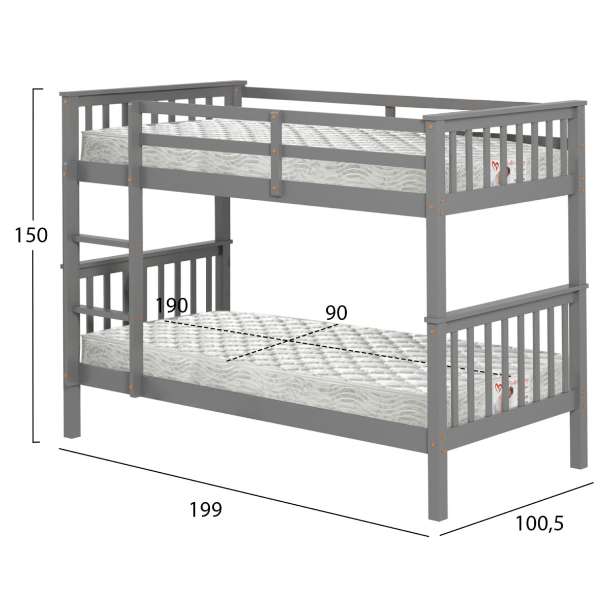ΚΟΥΚΕΤΑ ΠΑΙΔΙΚΗ ΜΕ 2 ΣΤΡΩΜΑΤΑ LANTAI HM21307.02 ΞΥΛΟ ΠΕΥΚΟΥ ΓΚΡΙ--ΣΤΡΩΜΑΤΑ 90x190εκ - Image 3