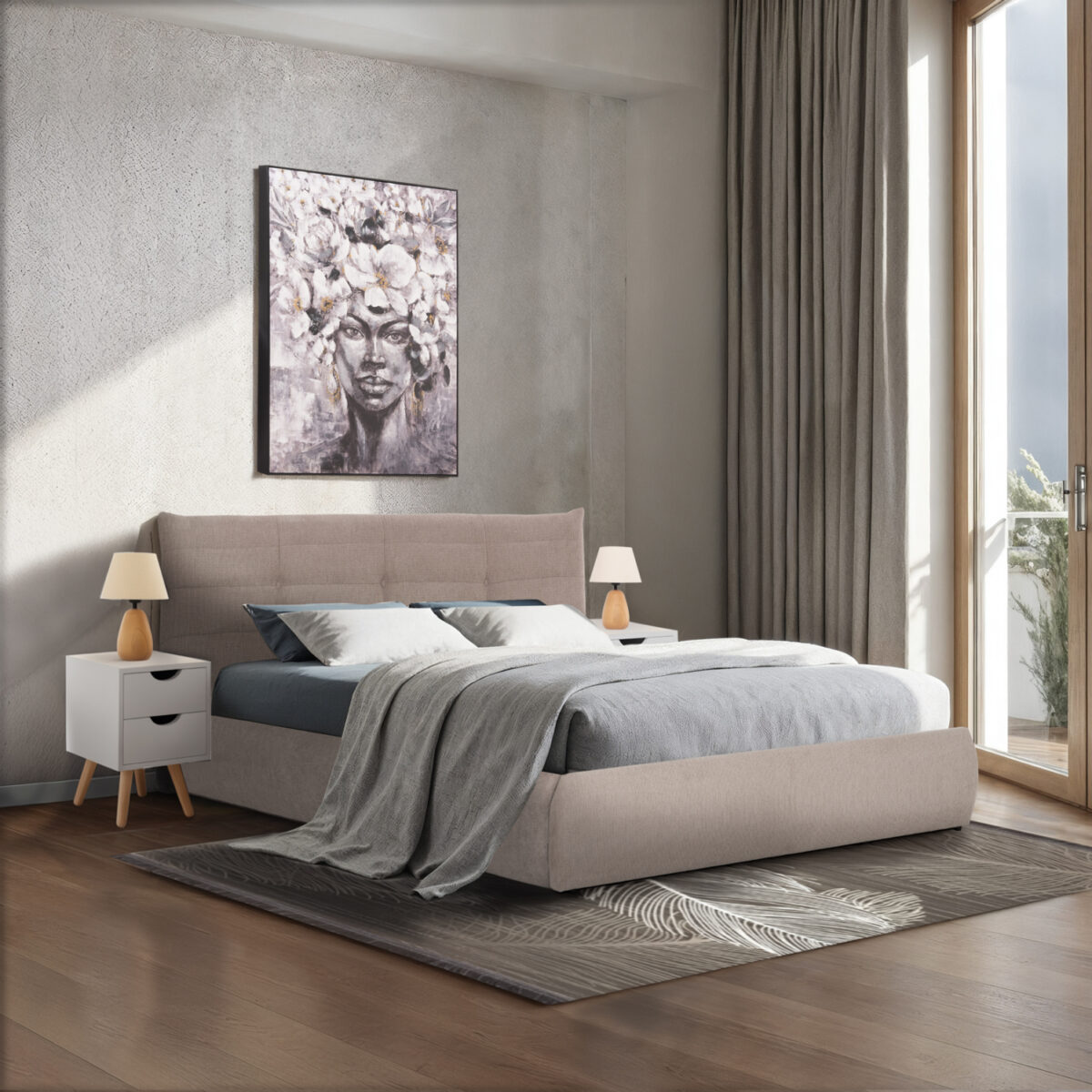 ΚΡΕΒΑΤΙ ΔΙΠΛΟ SANDRA HM732.03 ΜΠΕΖ ΥΦΑΣΜΑ & ΑΠΟΘΗΚΕΥΤΙΚΟΣ ΧΩΡΟΣ ΓΙΑ  ΣΤΡΩΜΑ 160x200εκ - Image 2