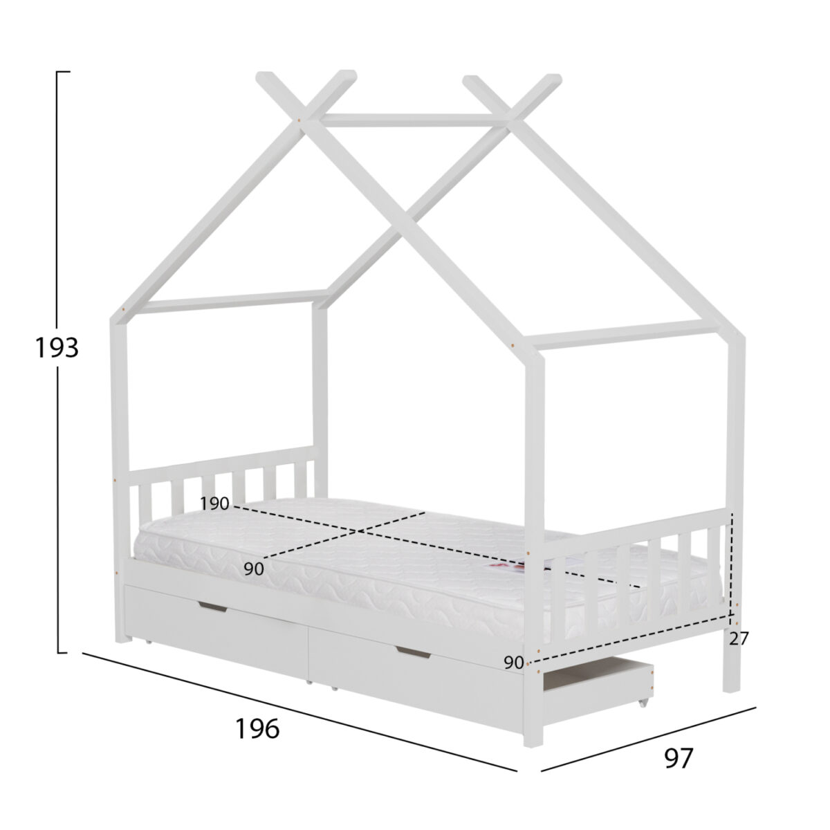 ΚΡΕΒΑΤΙ ΠΑΙΔΙΚΟ ΜΕ ΣΤΡΩΜΑ KLARICE HM21305.01 ΞΥΛΟ ΠΕΥΚΟΥ ΣΕ ΛΕΥΚΟ--ΣΤΡΩΜΑ 90x190εκ - Image 3