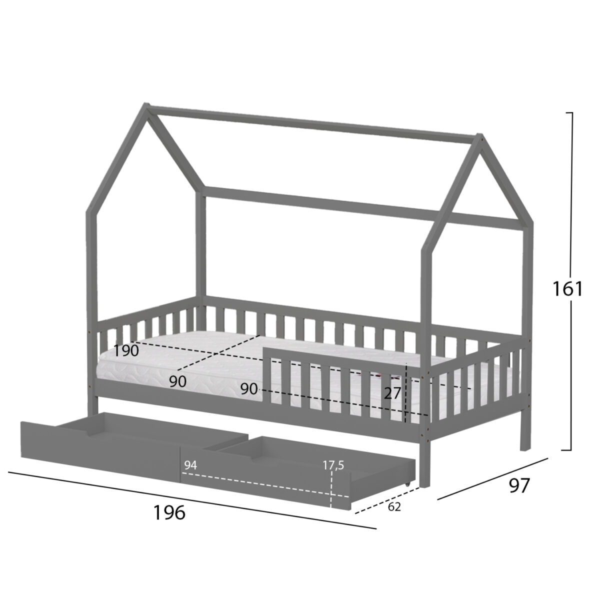 ΚΡΕΒΑΤΙ ΠΑΙΔΙΚΟ ΜΕ ΣΥΡΤΑΡΙΑ PHYLLIS HM21324.02 ΞΥΛΟ ΠΕΥΚΟΥ ΓΚΡΙ--ΜΕ ΣΤΡΩΜΑ 90x190εκ - Image 3