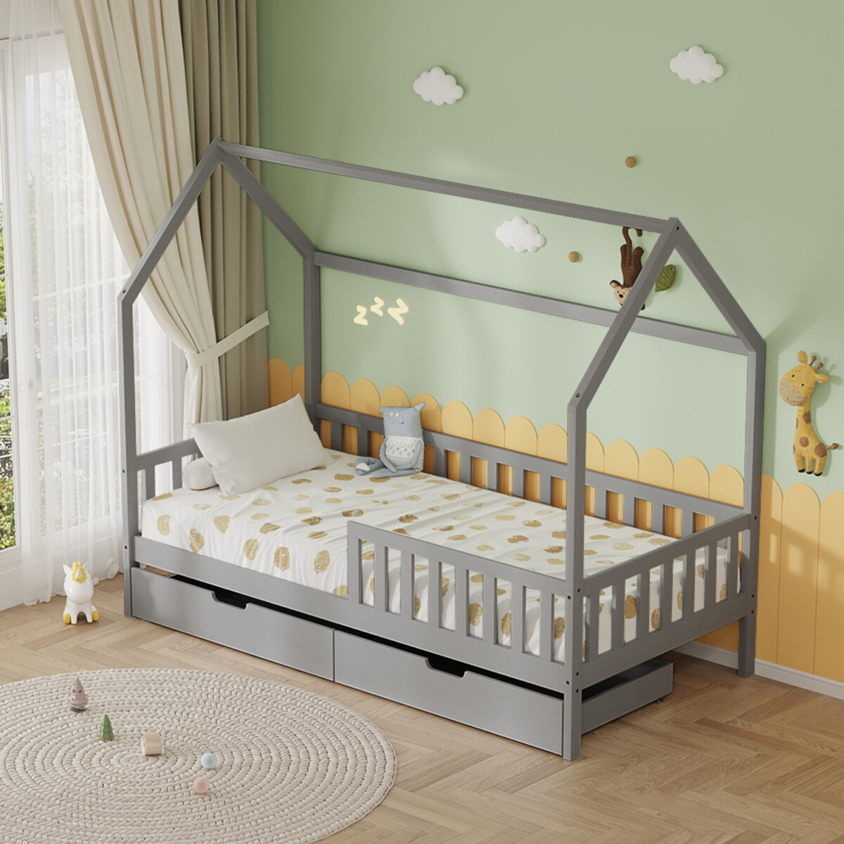 ΚΡΕΒΑΤΙ ΠΑΙΔΙΚΟ ΜΕ ΣΥΡΤΑΡΙΑ PHYLLIS HM724.05 τ.MONTESSORI ΓΚΡΙ 196x97x161Υεκ. - Image 2