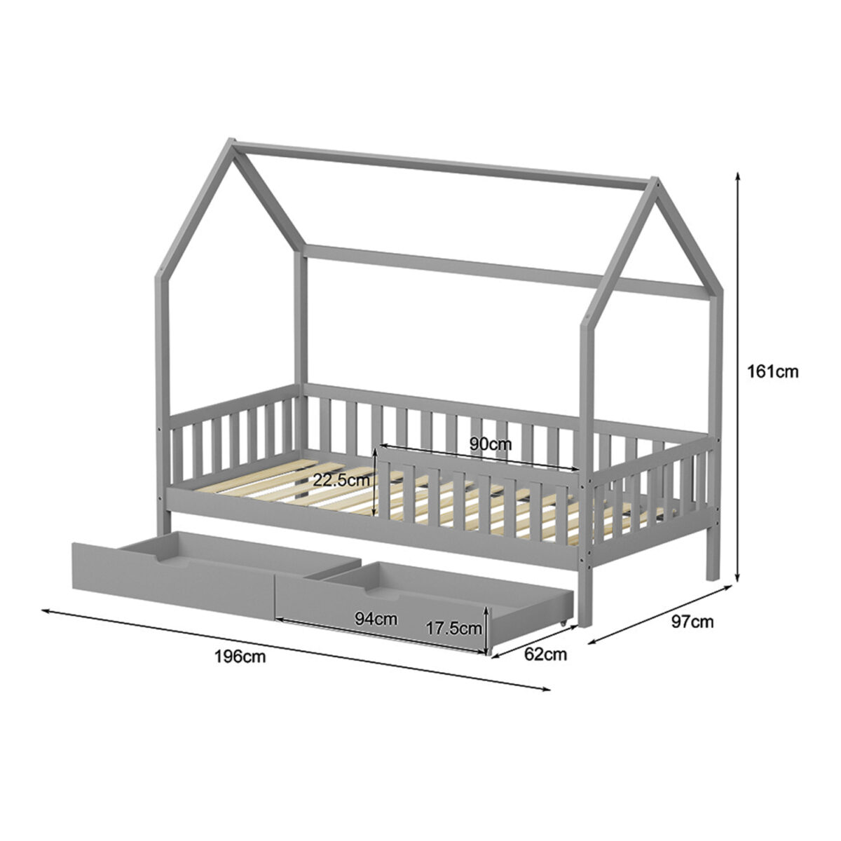 ΚΡΕΒΑΤΙ ΠΑΙΔΙΚΟ ΜΕ ΣΥΡΤΑΡΙΑ PHYLLIS HM724.05 τ.MONTESSORI ΓΚΡΙ 196x97x161Υεκ. - Image 3