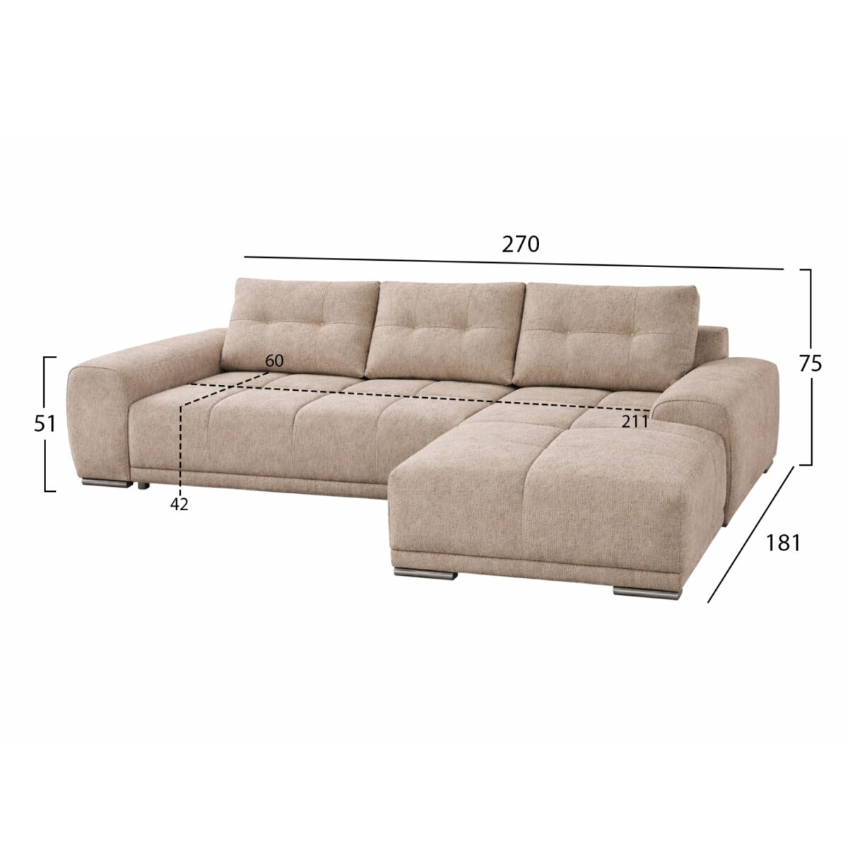 ΚΑΝΑΠΕΣ ΚΡΕΒΑΤΙ ΔΕΞΙΑ ΓΩΝΙΑ COMFYRA HM3336.03R ΜΠΕΖ ΥΦΑΣΜΑ 270x181x75Υεκ - Image 2