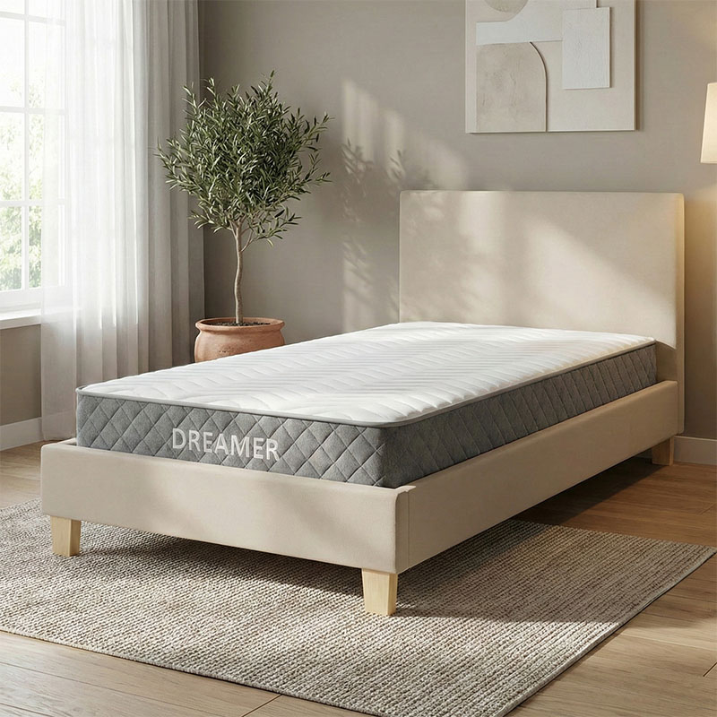 Κρεβάτι με στρώμα Nevil-Dreamer  ύφασμα μπεζ-ξύλινο πόδι σε φυσική απόχρωση 100x200εκ