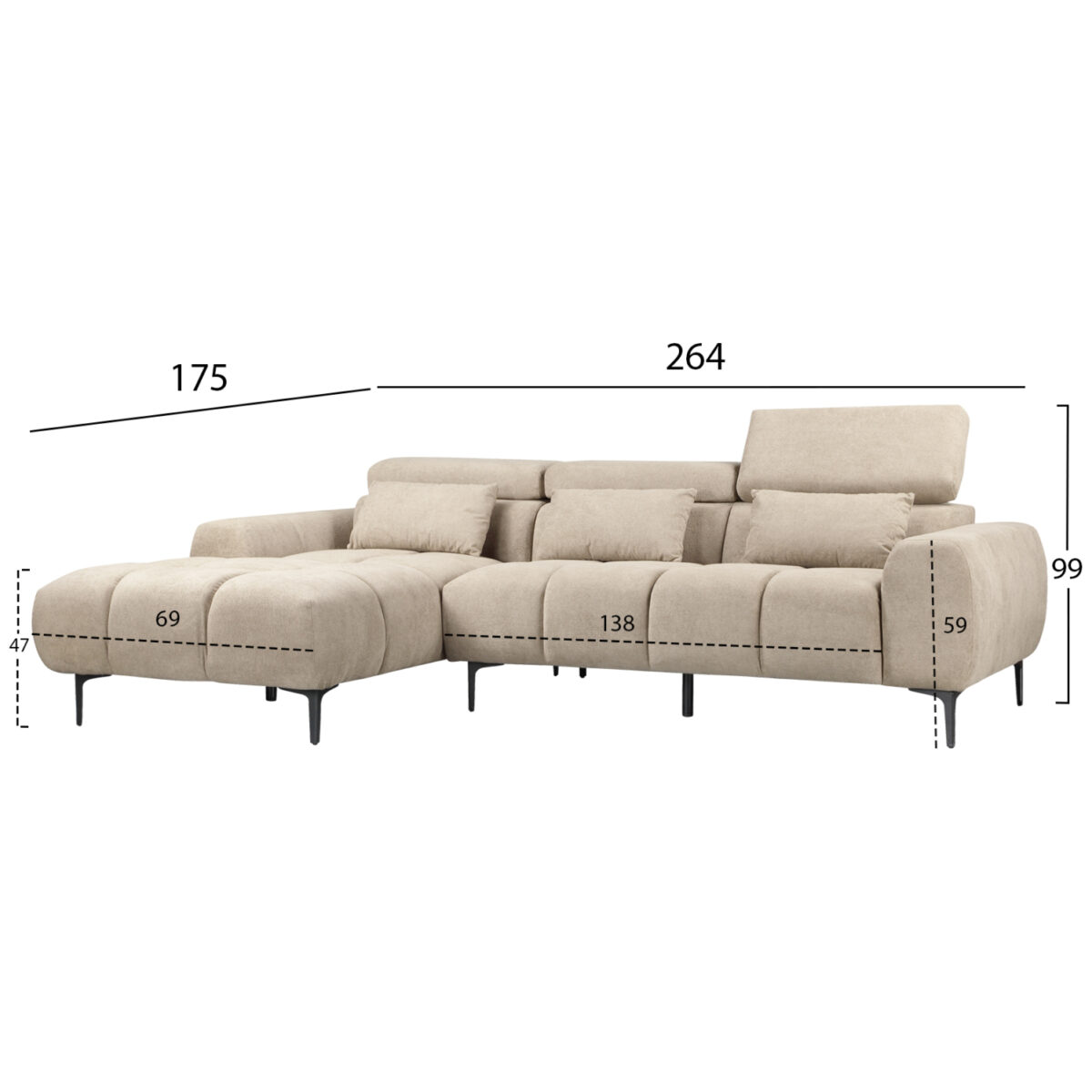 ΚΑΝΑΠΕΣ ΑΡΙΣΤΕΡΗ ΓΩΝΙΑ DIVYA HM3267.11L ΜΠΕΖ ΥΦΑΣΜΑ 260x100-174x104Υεκ. - Image 2
