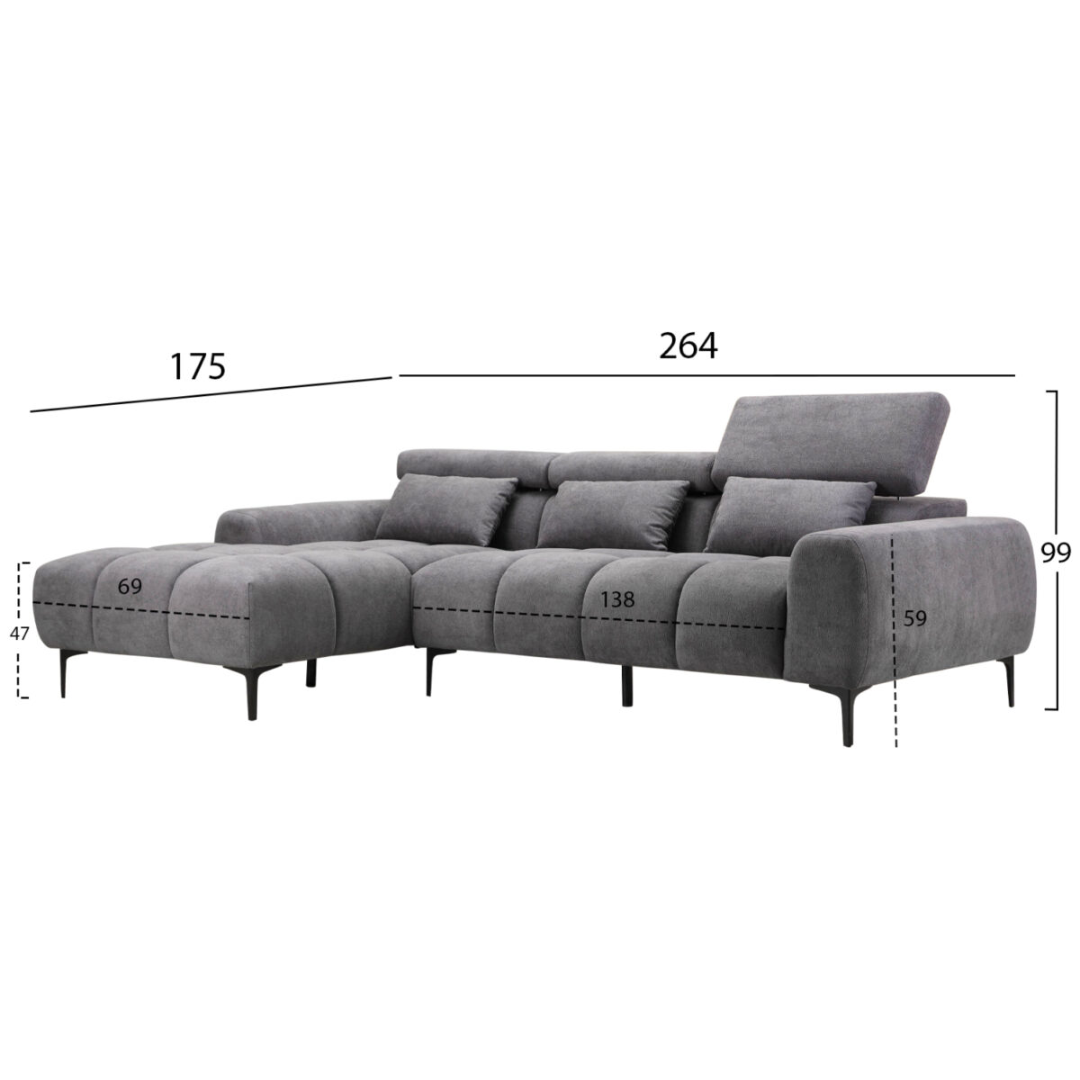 ΚΑΝΑΠΕΣ ΑΡΙΣΤΕΡΗ ΓΩΝΙΑ DIVYA HM3267.12L ΓΚΡΙ ΥΦΑΣΜΑ 260x100-174x104Υεκ. - Image 2