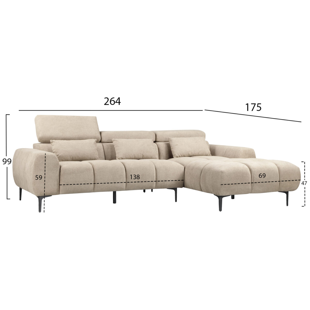 ΚΑΝΑΠΕΣ ΔΕΞΙΑ ΓΩΝΙΑ DIVYA HM3267.11R ΜΠΕΖ ΥΦΑΣΜΑ 260x100-174x104Υεκ. - Image 2