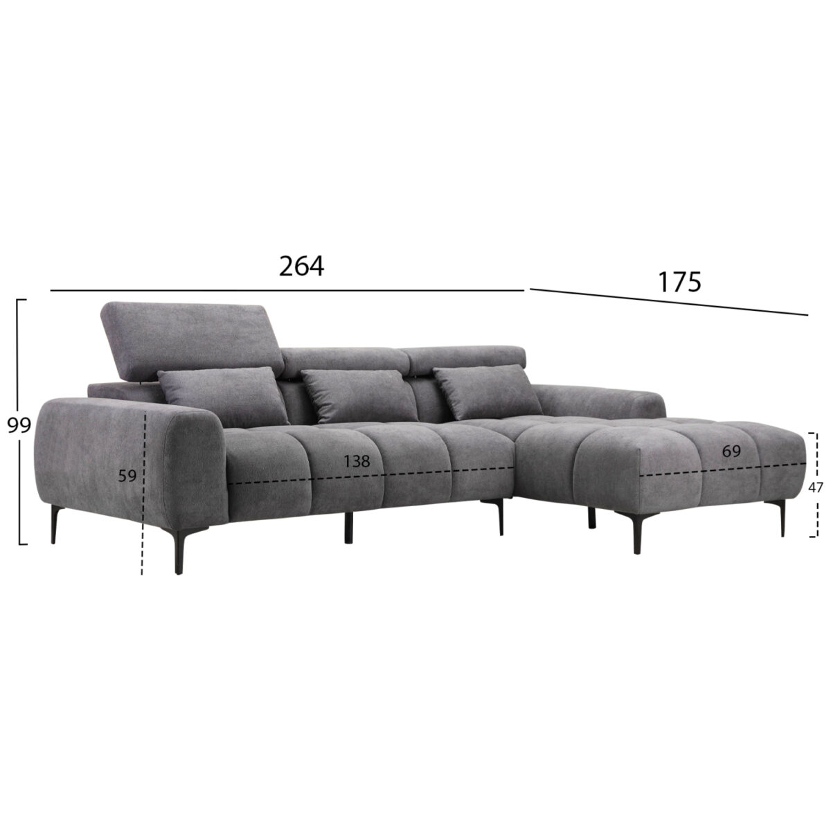 ΚΑΝΑΠΕΣ ΔΕΞΙΑ ΓΩΝΙΑ DIVYA HM3267.12R ΓΚΡΙ ΥΦΑΣΜΑ 260x100-174x104Υεκ. - Image 2