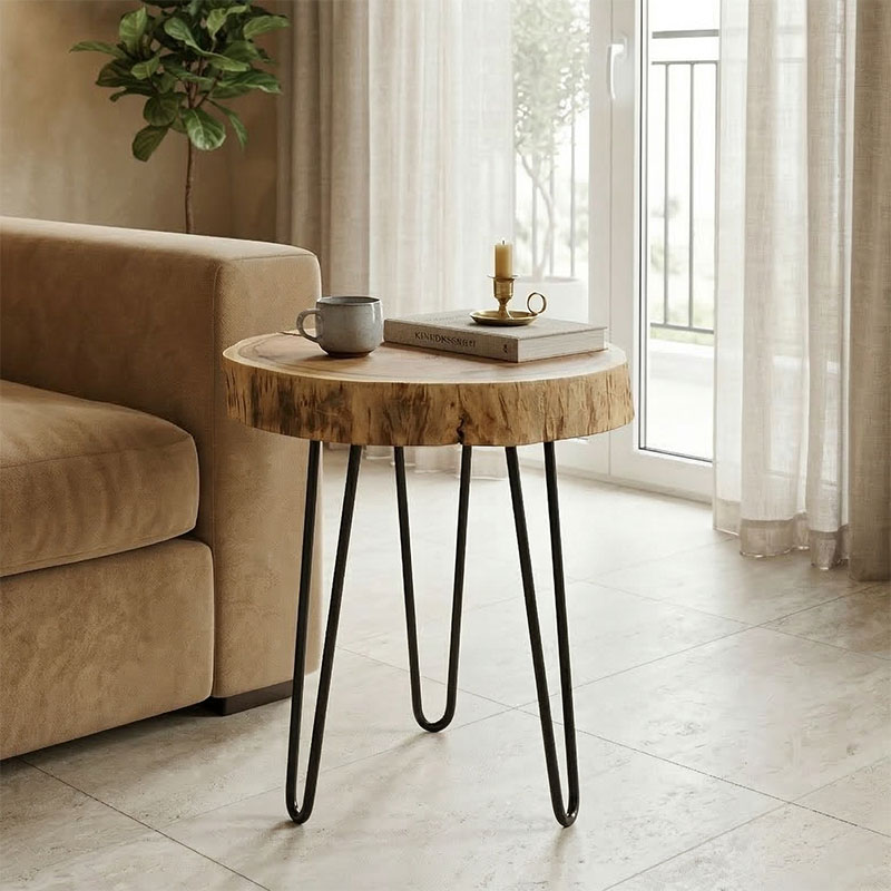 Βοηθητικό τραπέζι Tripp Ι  μασίφ ξύλο ακακίας σε φυσική απόχρωση-μαύρα μεταλλικά πόδια Φ41x45εκ