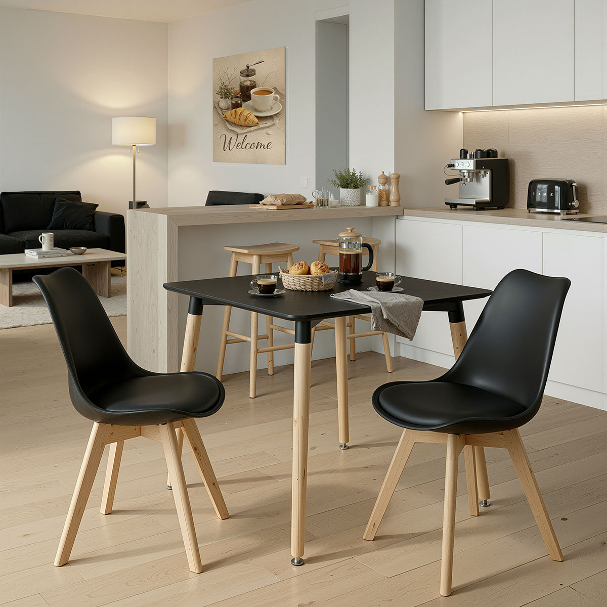 Τραπεζαρία με Καρέκλες Gaston και Τραπέζι Natali μαύρο 80x80x76εκ Σετ 3τεμ