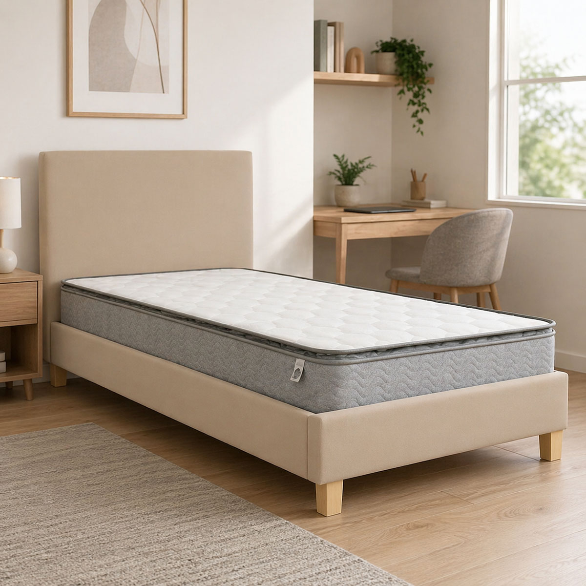 Κρεβάτι με στρώμα Nevil-Perfecto  ύφασμα εκρού-πόδι φυσική απόχρωση 90x190εκ