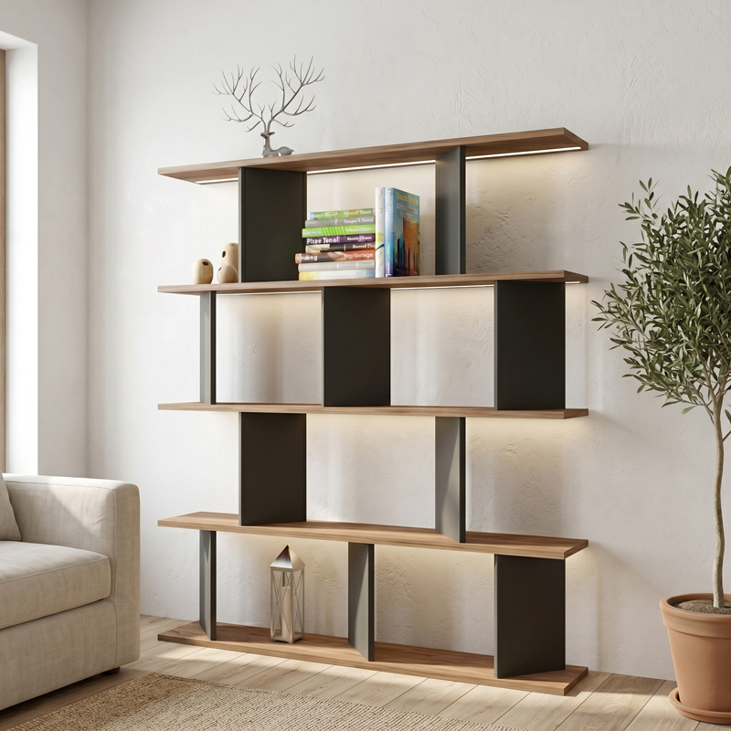 Βιβλιοθήκη Ratu  ανθρακί με oak 120x24,6x141εκ