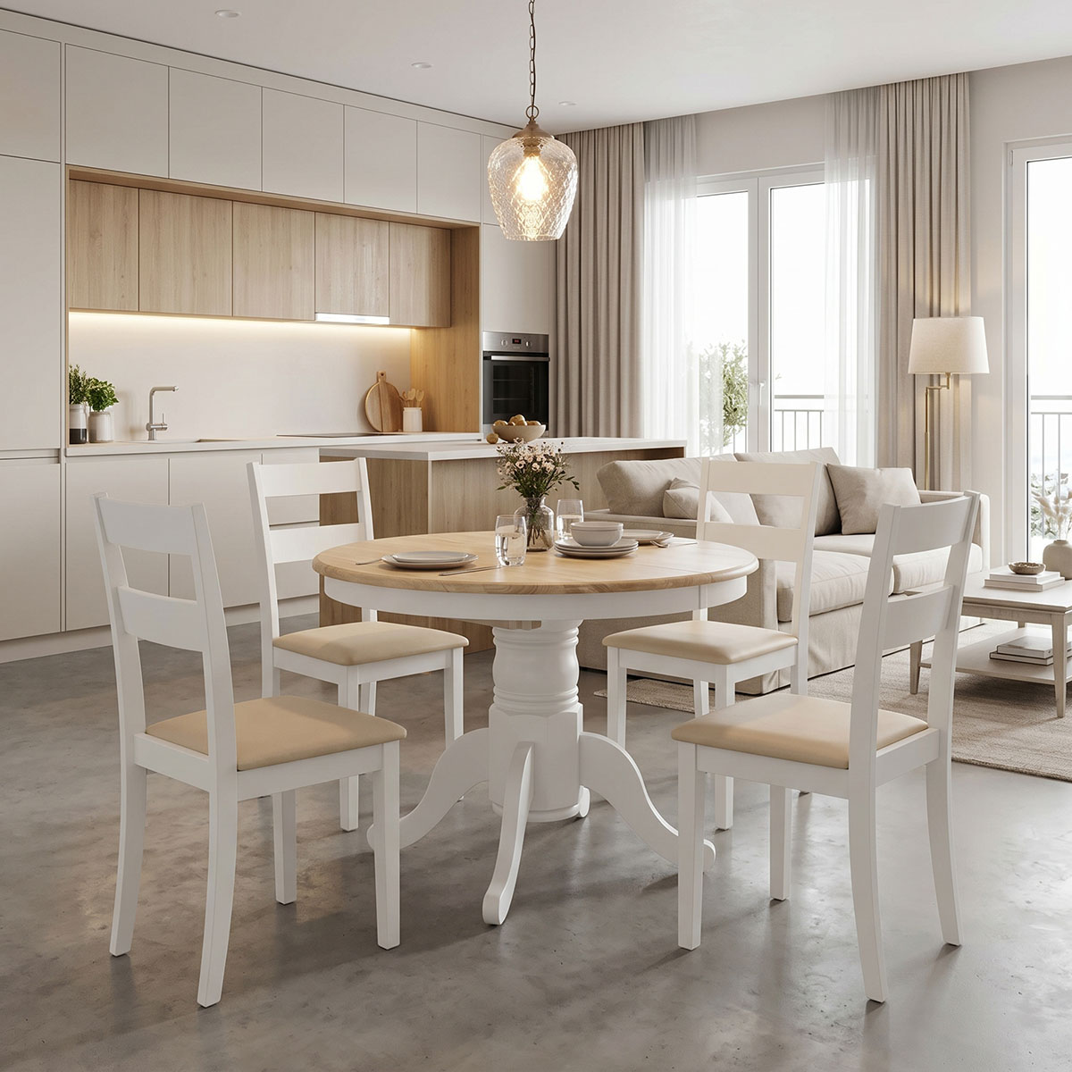 Τραπεζαρία Dallan Lars  5τεμ λευκό rubberwood Φ100(+38)x100x75εκ