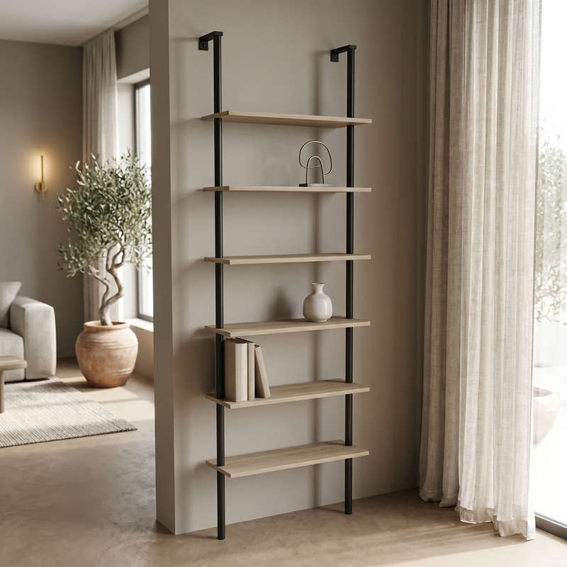 Βιβλιοθήκη επιτοίχια Dimmo  sonoma-μαύρο μέταλλο 60x20x180εκ