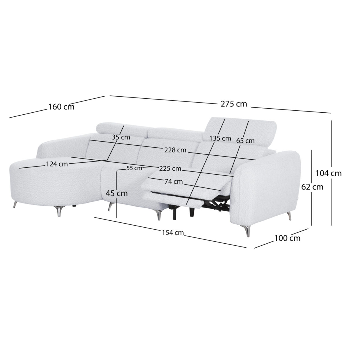 ΚΑΝΑΠΕΣ ΑΡΙΣΤΕΡΗ ΓΩΝΙΑ 3Θ ΜΕ RECLINE VALENTE HM3317.01L ΑΝΟΙΧΤΟ ΓΚΡΙ ΥΦΑΣΜΑ 275x160x104Yεκ - Image 2