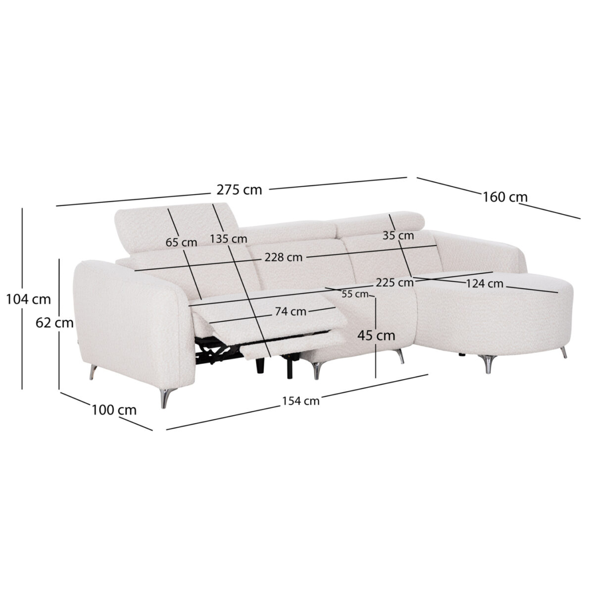 ΚΑΝΑΠΕΣ ΔΕΞΙΑ ΓΩΝΙΑ 3Θ ΜΕ RECLINE VALENTE HM3317.02R ΜΠΕΖ ΥΦΑΣΜΑ 275x160x104Yεκ - Image 2