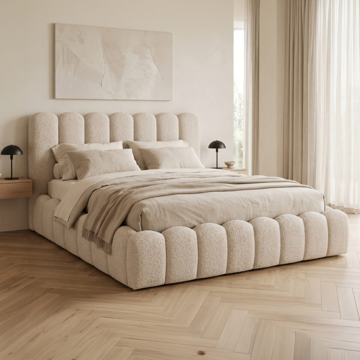 ΚΡΕΒΑΤΙ ΔΙΠΛΟ MARIUS HM759.03 ΜΠΕΖ CHENILLE ΥΦΑΣΜΑ-- ΓΙΑ ΣΤΡΩΜΑ 160x200εκ - Image 2