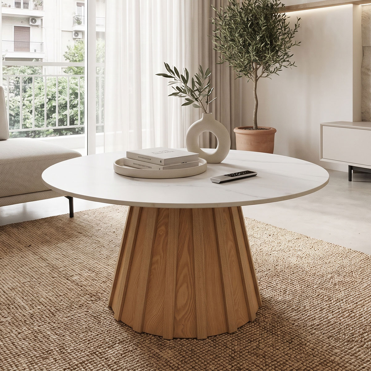 Τραπέζι σαλονιού Franzel  sintered stone σε όψη μαρμάρου-mdf σε φυσική απόχρωση Φ80x40εκ