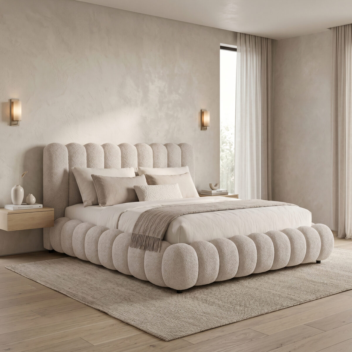 ΚΡΕΒΑΤΙ ΥΠΕΡΔΙΠΛΟ BUBBLE SM758.03 ΜΠΕΖ CHENILLE ΥΦΑΣΜΑ ΓΙΑ ΣΤΡΩΜΑ 180x200εκ - Image 2