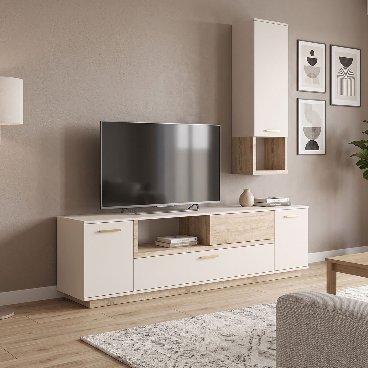 Σύνθετο σαλονιού Norda  κρεμ με oak 187x40x58.4εκ