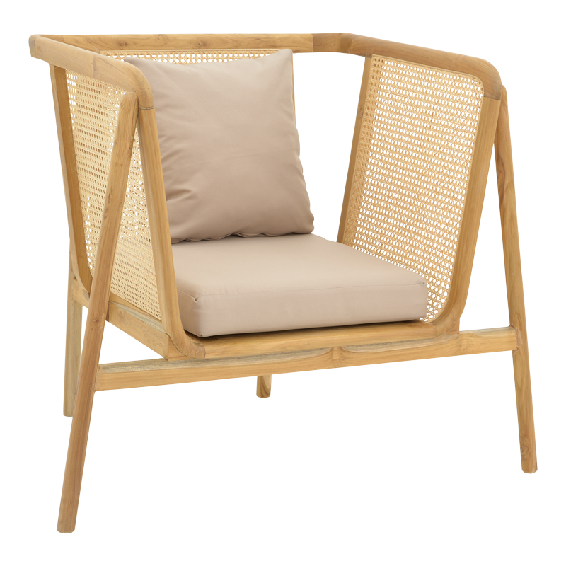 Πολυθρόνα Jenta  teak ξύλο με rattan σε φυσική απόχρωση και μπεζ μαξιλάρι 72x67x92εκ