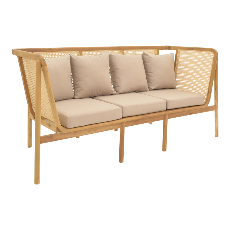 Καναπές τριθέσιος Jenta  teak ξύλο με rattan σε φυσική απόχρωση και μπεζ μαξιλάρι 203x67x92εκ