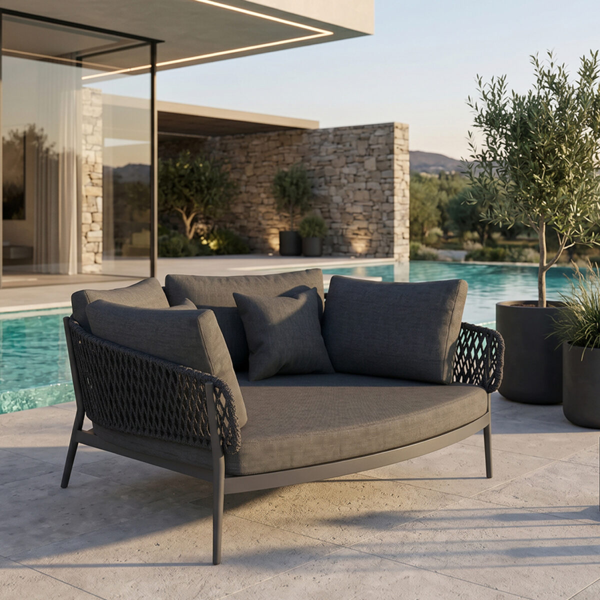 DAYBED 2ΘΕΣΙΟ ΣΕΙΡΑ CAMELLIA HM6217.01 ΣΚΟΥΡΟ ΓΚΡΙ ΑΛΟΥΜΙΝΙΟ-P.E.ΣΧΟΙΝΙ-OLEFIN 164x144x70Υεκ. - Image 2