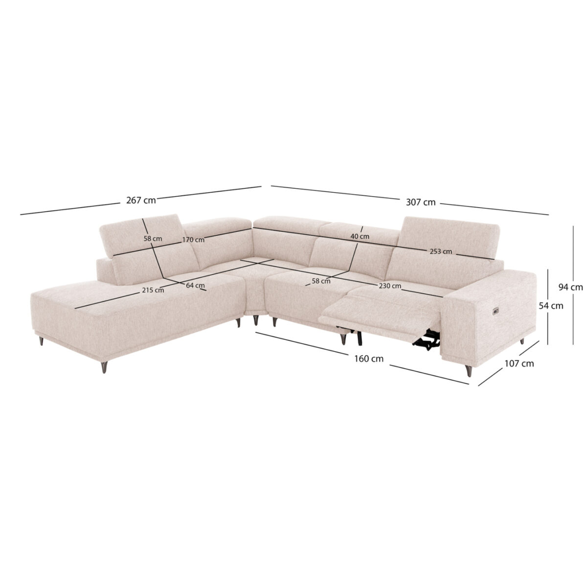 ΚΑΝΑΠΕΣ ΑΡΙΣΤΕΡΗ ΓΩΝΙΑ 5Θ ΜΕ RECLINE LUNARIS HM3316.02L ΕΚΡΟΥ ΥΦΑΣΜΑ 307x267x94Yεκ - Image 2