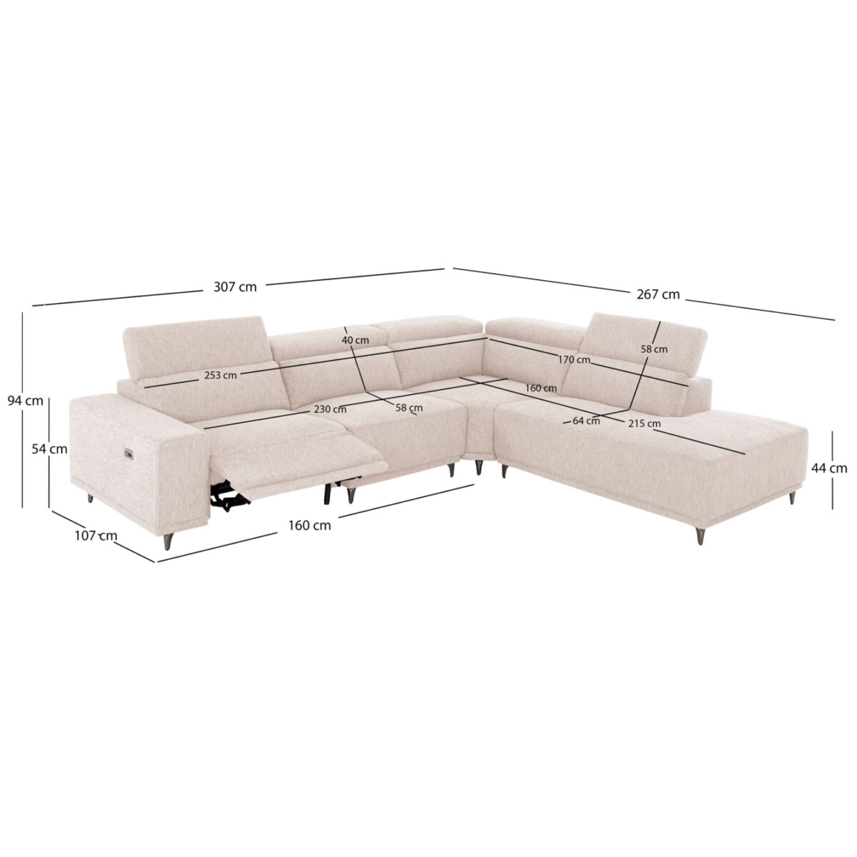 ΚΑΝΑΠΕΣ ΔΕΞΙΑ ΓΩΝΙΑ 5Θ ΜΕ RECLINE LUNARIS HM3316.02R ΕΚΡΟΥ ΥΦΑΣΜΑ 307x267x94Yεκ - Image 2