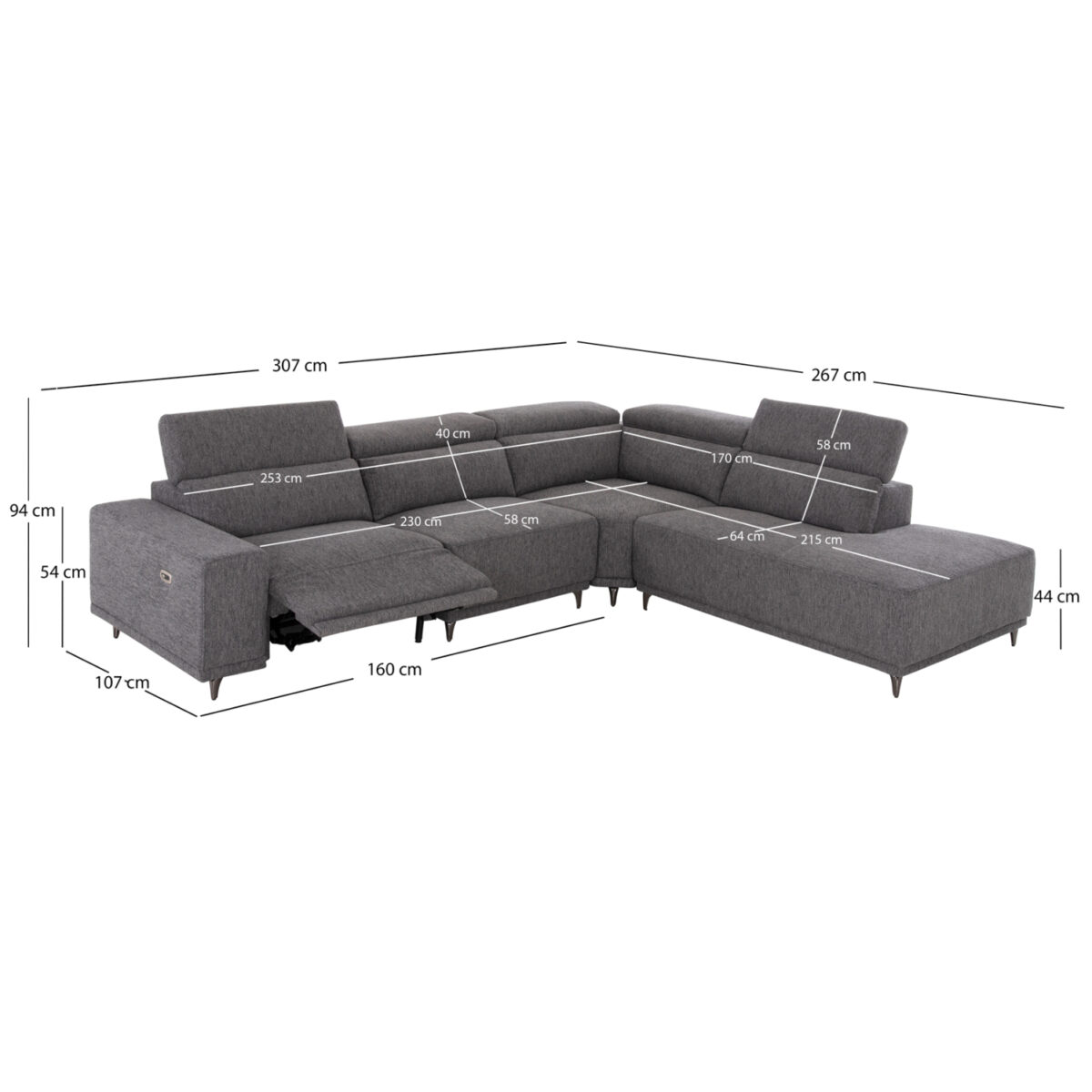 ΚΑΝΑΠΕΣ ΔΕΞΙΑ ΓΩΝΙΑ 5Θ ΜΕ RECLINE LUNARIS HM3316.01R ΓΚΡΙ ΥΦΑΣΜΑ 307x267x94Yεκ - Image 2